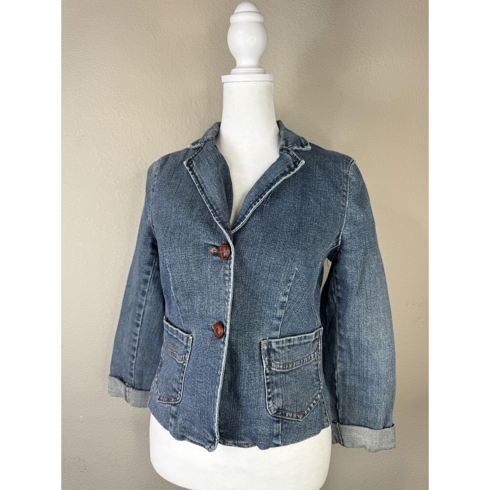 Y2K Vintage Denim Blazer Jacket Womens Small Blue Petite Stretch Pockets